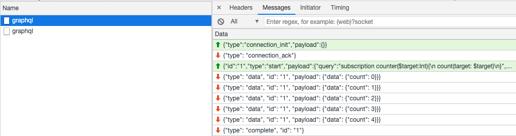 A view of the data that's been passed via websocket